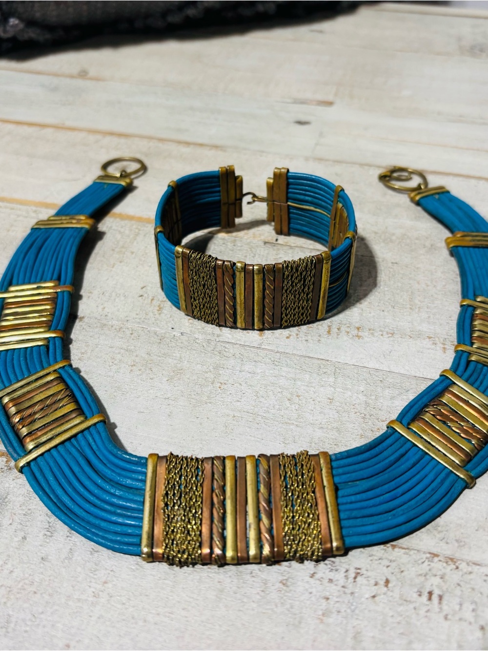 ❤️Vintage Alexis Kirk Egyptian Revival Leather Parure Necklace and Bracelet